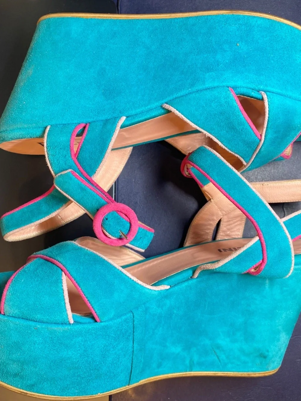 Studio Pollini Italy Turquoise Suede Colorblock Platform Wedge Sandals 38 US 8